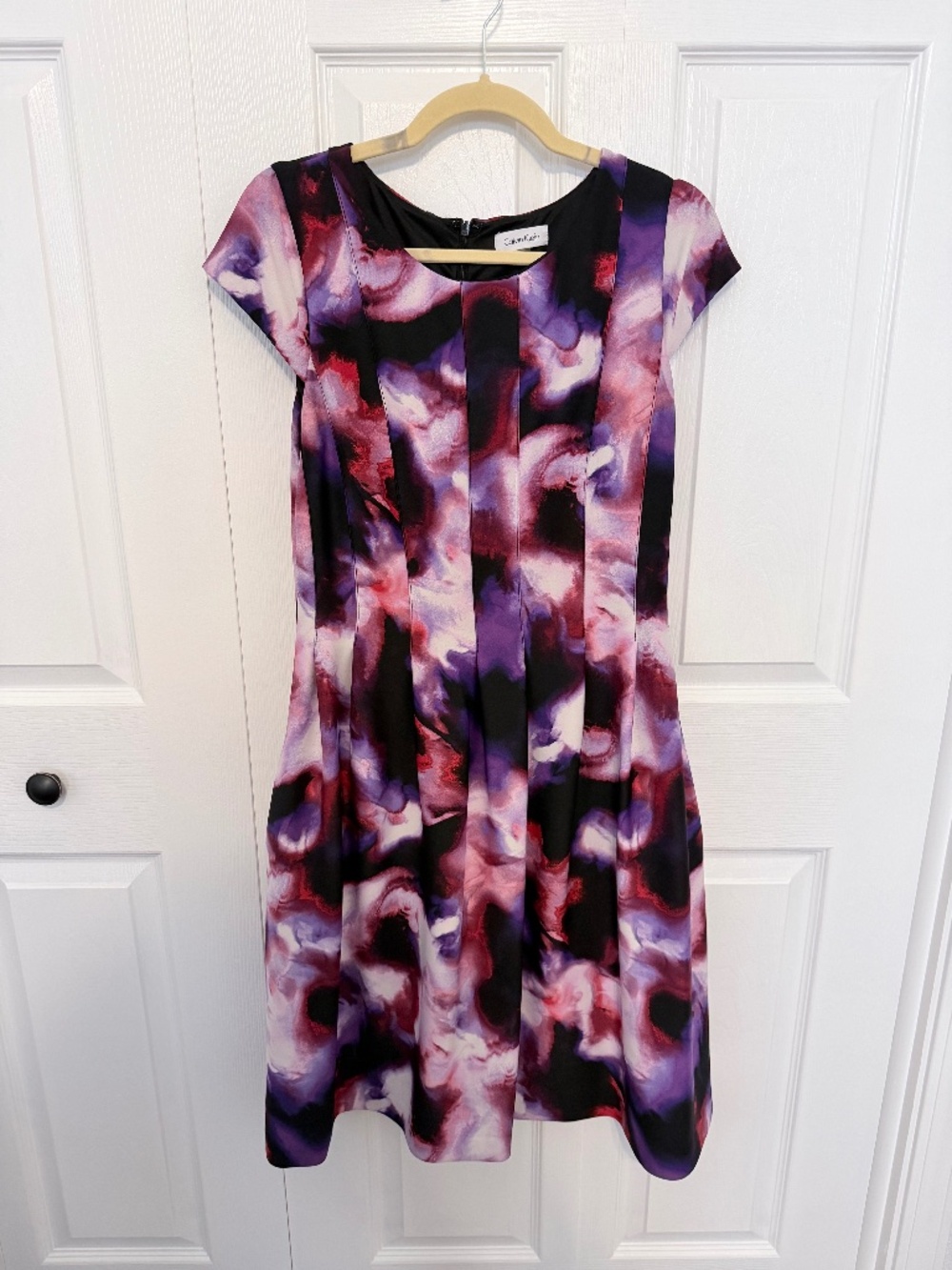 Calvin Klein dress, black with pink and purple, size 12
